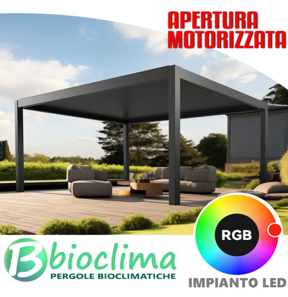 Pergole bioclimatiche con lamelle orientabili e movimento motorizzato , impianto led rgb di serie